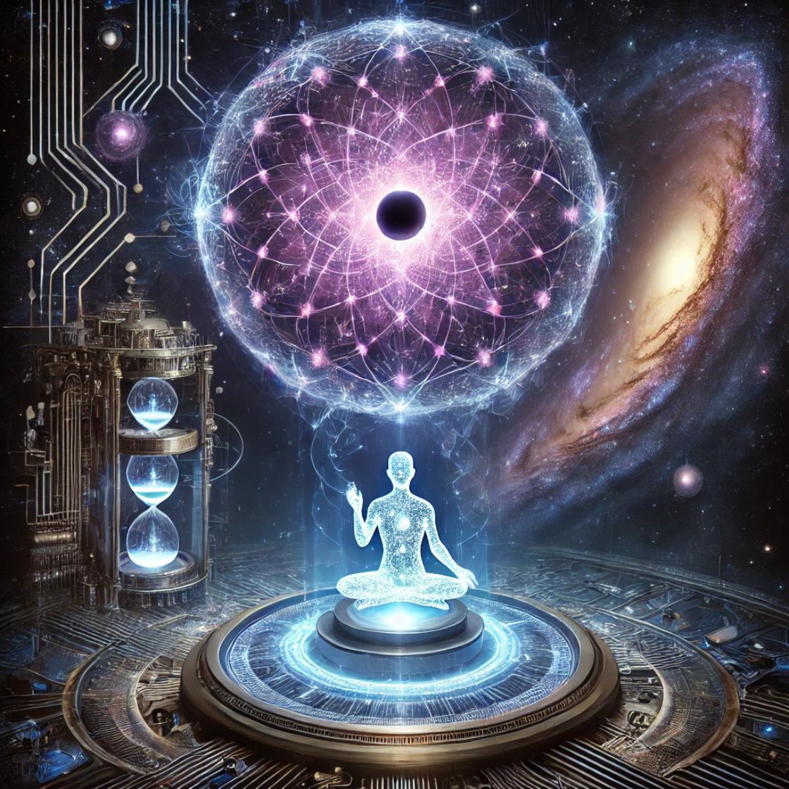 Illustrazione cyberpunk di computer quantici con sfera di Bloch luminosa, processore quantistico futuristico, geometrie sacre e silhouette umana cibernetica in un ambiente cosmico.