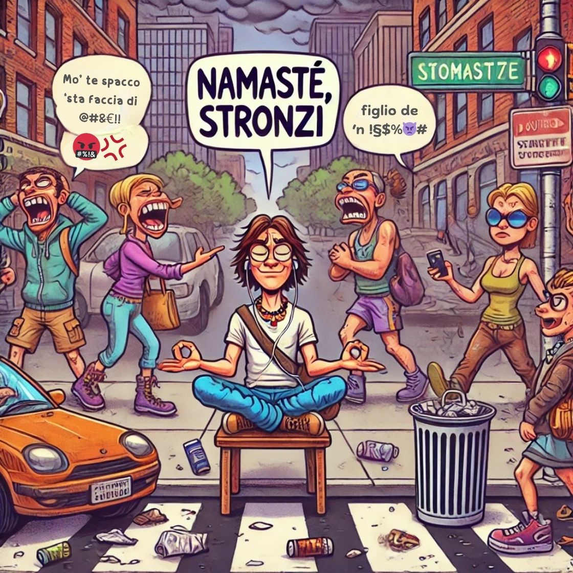 Illustrazione satirica di comportamento incivile in una città, con una persona che medita ironicamente al centro sotto un cartello con la scritta “Namasté, stronzi”