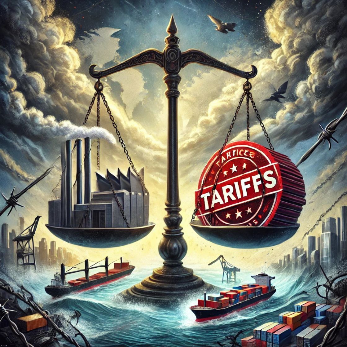 Illustrazione simbolica della guerra commerciale: una bilancia con dazi e commercio globale in conflitto, con merci schiacciate dal peso delle tariffe.