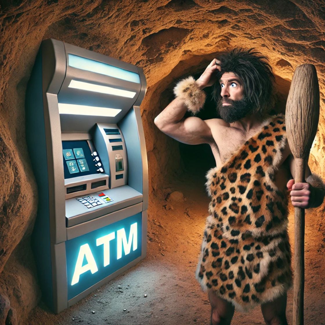 Illustrazione surreale e ironica di un uomo delle caverne che cerca di prelevare contanti da un ATM moderno in una grotta, simbolo della nostra evoluzione (o involuzione?) economica.