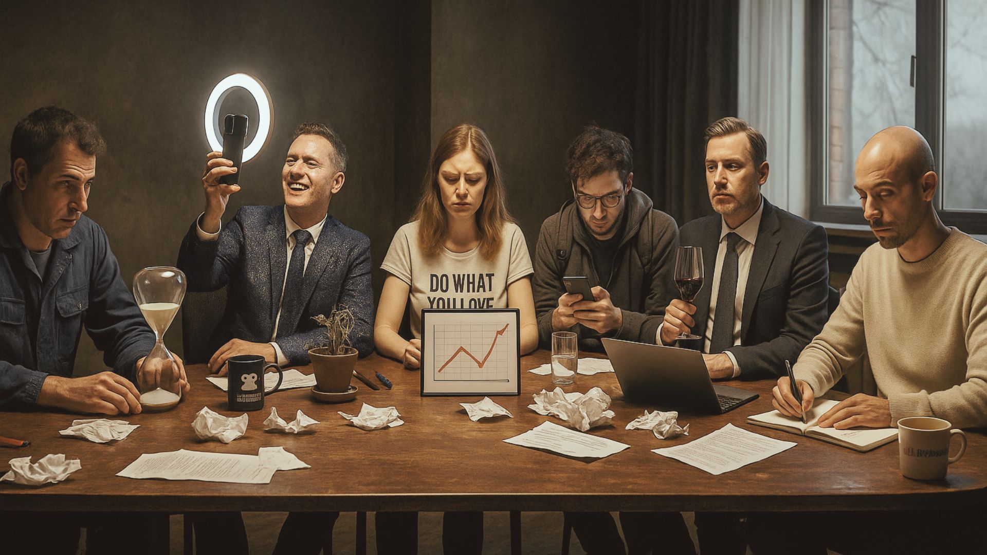 Rappresentazione ironica e iperrealistica dei sei archetipi del lavoro contemporaneo: operaio rituale, manager performer, passionista disillusa, freelance ansioso, cinico elegante e ribelle sereno, seduti attorno a un tavolo surreale.