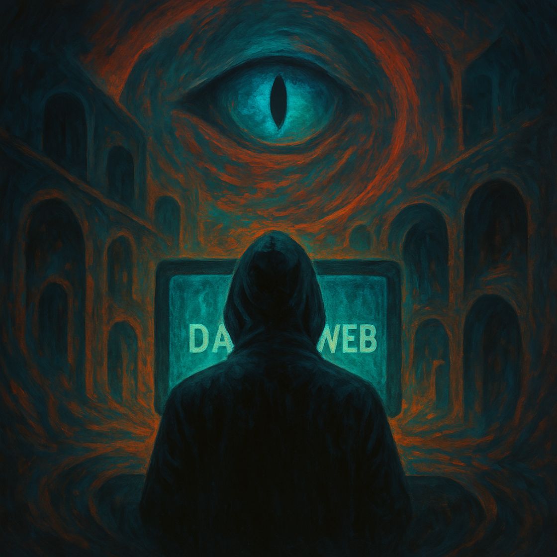 Illustrazione surreale di una figura incappucciata davanti a uno schermo luminoso del dark web, in un paesaggio cyberpunk con un enorme occhio simbolico che la osserva dall’alto.