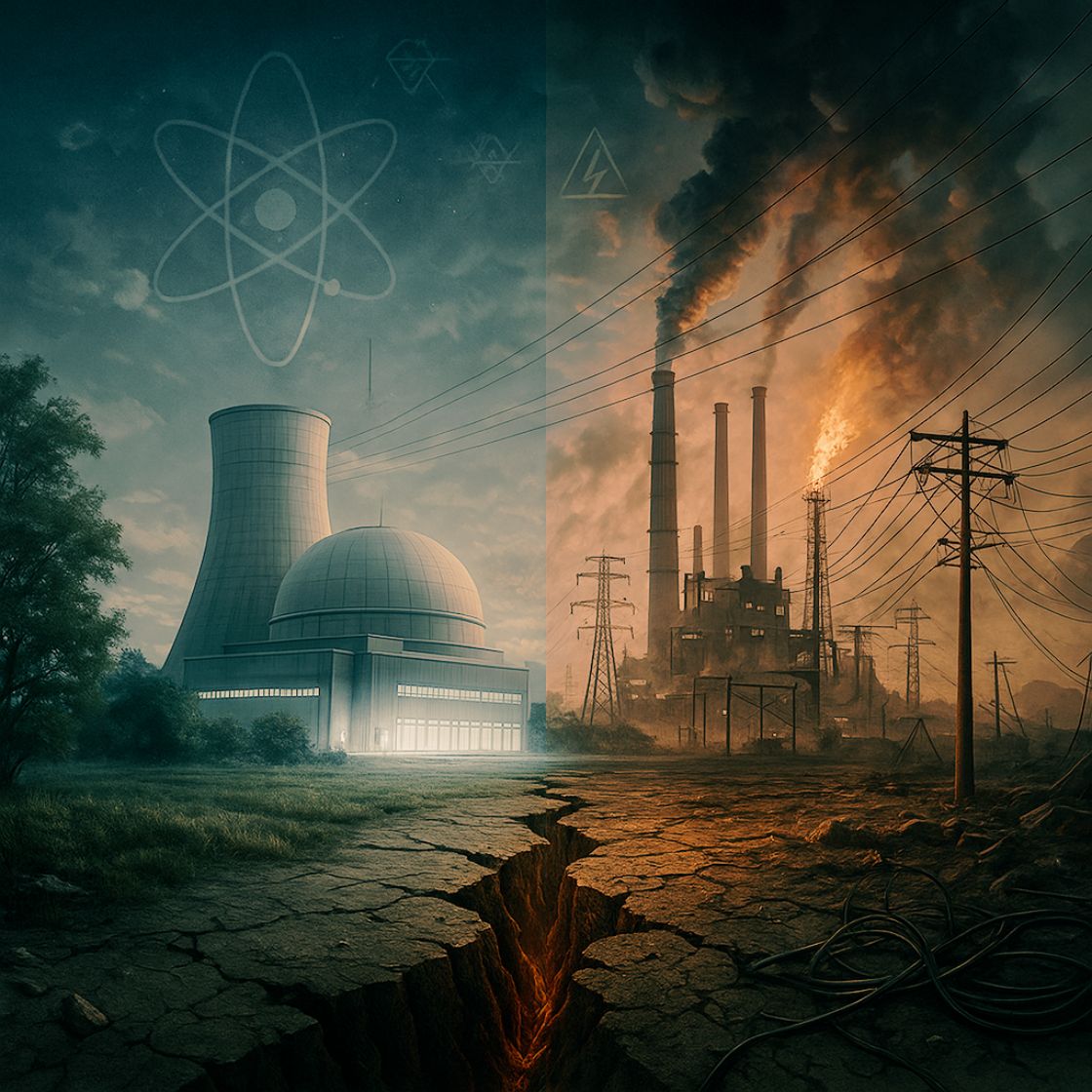 Simbolica rappresentazione iperrealistica dell'energia nucleare come scelta tra futuro pulito e caos fossile