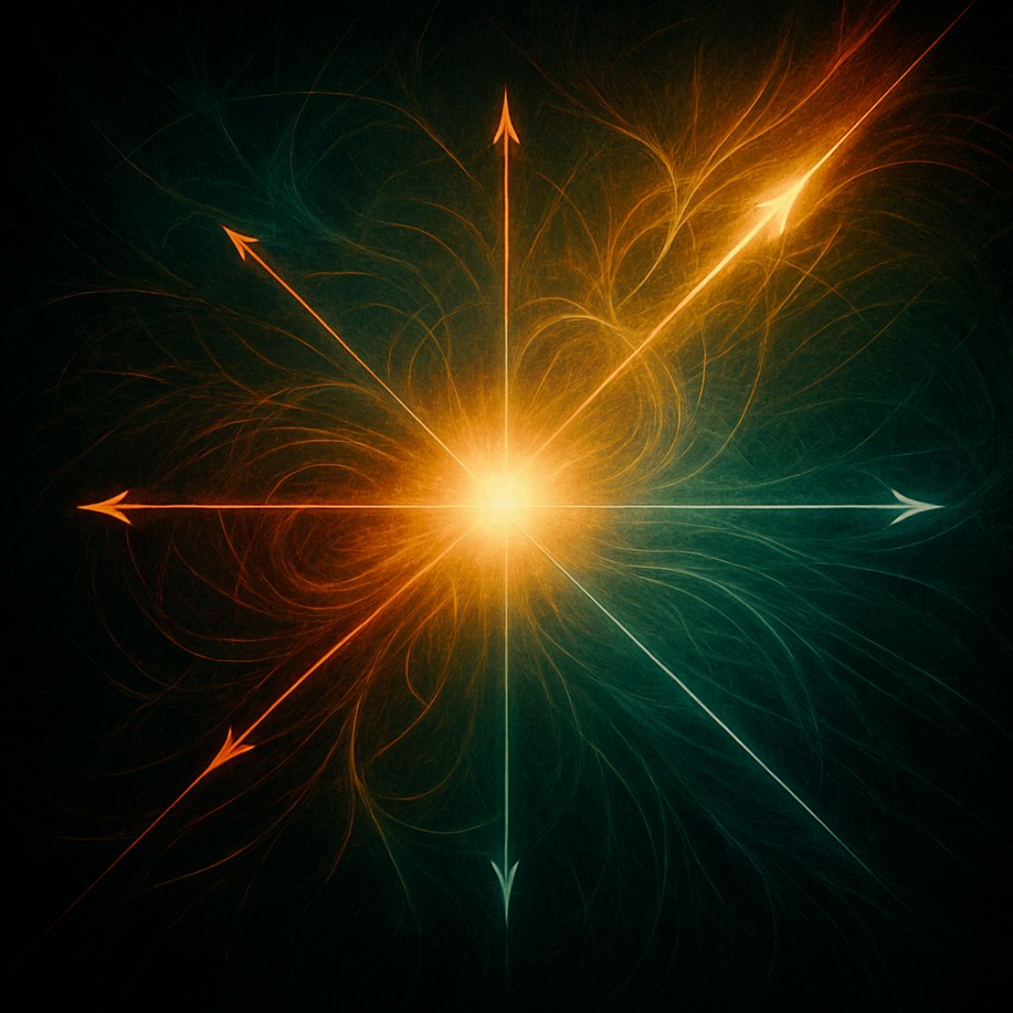 Geometria del Sé in Movimento. Globo di energia luminoso sospeso in un campo multidimensionale attraversato da vettori turbolenti, rappresentazione iperrealista del movimento della coscienza.