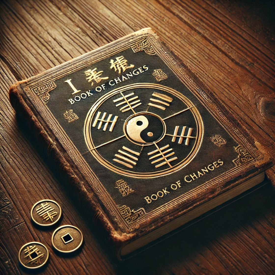 Libro aperto dell'I Ching su tavolo di legno, con tre monete cinesi antiche e fumo d'incenso, illuminato da luce dorata laterale