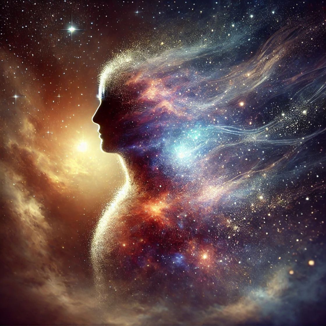 Silhouette umana che si dissolve in un flusso cosmico di stelle e polveri astrali, metafora visiva dell’impermanenza