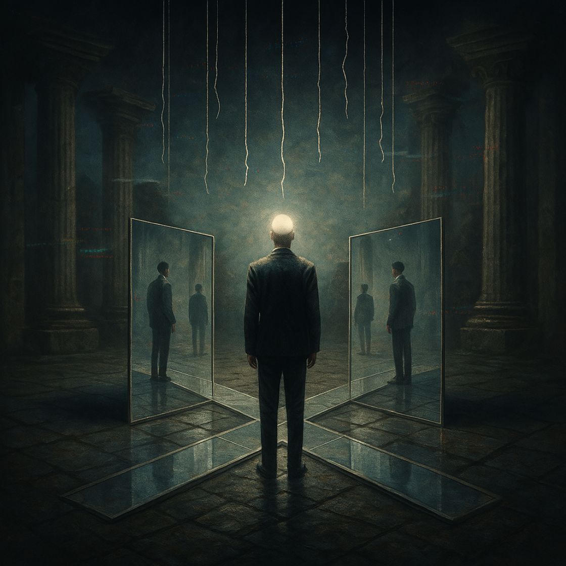Illustrazione concettuale surrealista che rappresenta una figura umana a un bivio tra identità riflesse, con fili tagliati come simbolo del libero arbitrio.
