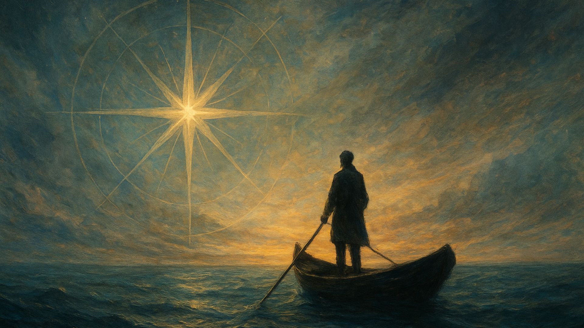 Illustrazione concettuale che raffigura una barca in navigazione attraverso un paesaggio etereo, guidata da una luce simbolica. L’immagine rappresenta l’orientamento interiore secondo il modello della Mappa Radiale.