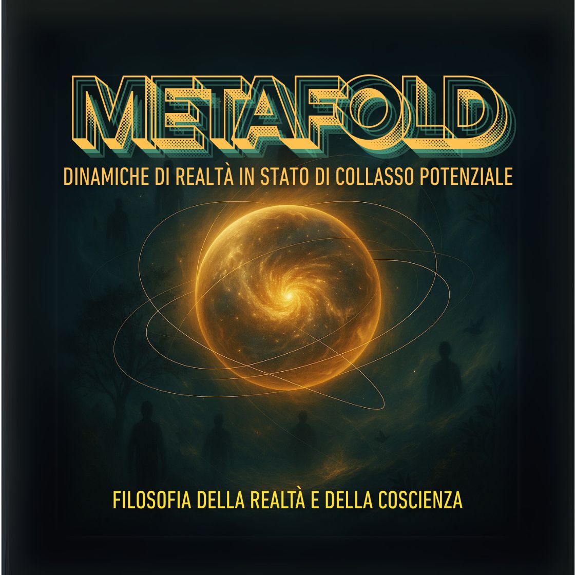 Illustrazione concettuale in stile iperrealistico che raffigura una sfera luminosa con una galassia al centro, da cui si irradiano linee di energia. Sullo sfondo, forme naturali e silhouette sfumate simboleggiano la coscienza distribuita nel campo, in accordo con il modello teorico Metafold.