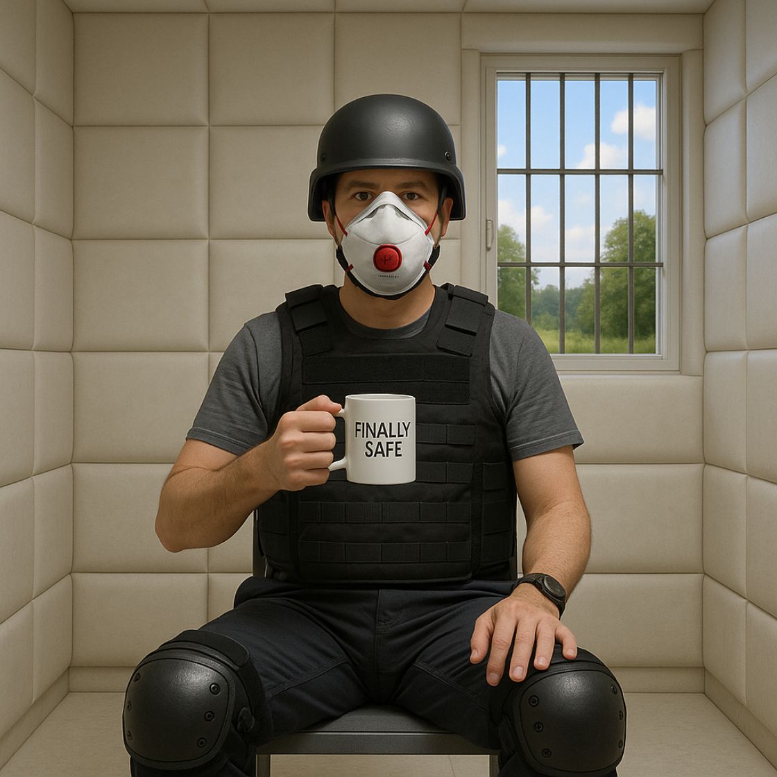 Uomo iperprotetto in una stanza imbottita indossa casco e giubbotto antiproiettile mentre beve da una tazza con la scritta “Finally Safe”, immagine satirica sul paradosso della sicurezza