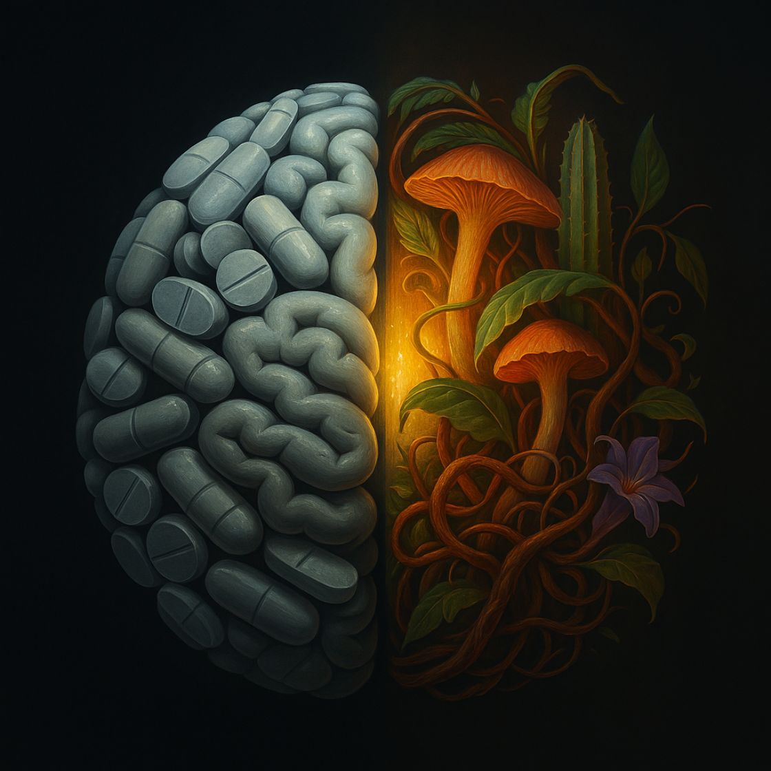 Illustrazione simbolica delle terapie psichedeliche: cervello diviso tra farmaci e natura