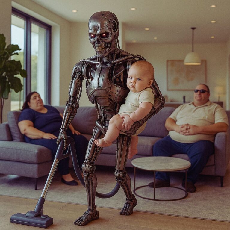 Un robot stile Terminator T-1000 passa l'aspirapolvere mentre tiene in braccio un neonato in una casa moderna e lussuosa; due genitori obesi osservano rilassati dalla poltrona. Scena iperrealistica e sarcastica sulla robotica e l'umanità.