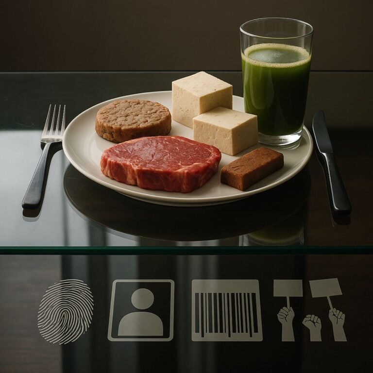 Diete. Piatto con alimenti contrastanti come bistecca cruda, tofu, burger di soia e succo verde su tavolo di vetro, con riflessi di simboli identitari: impronta digitale, profilo social, codice a barre e cartelli di protesta