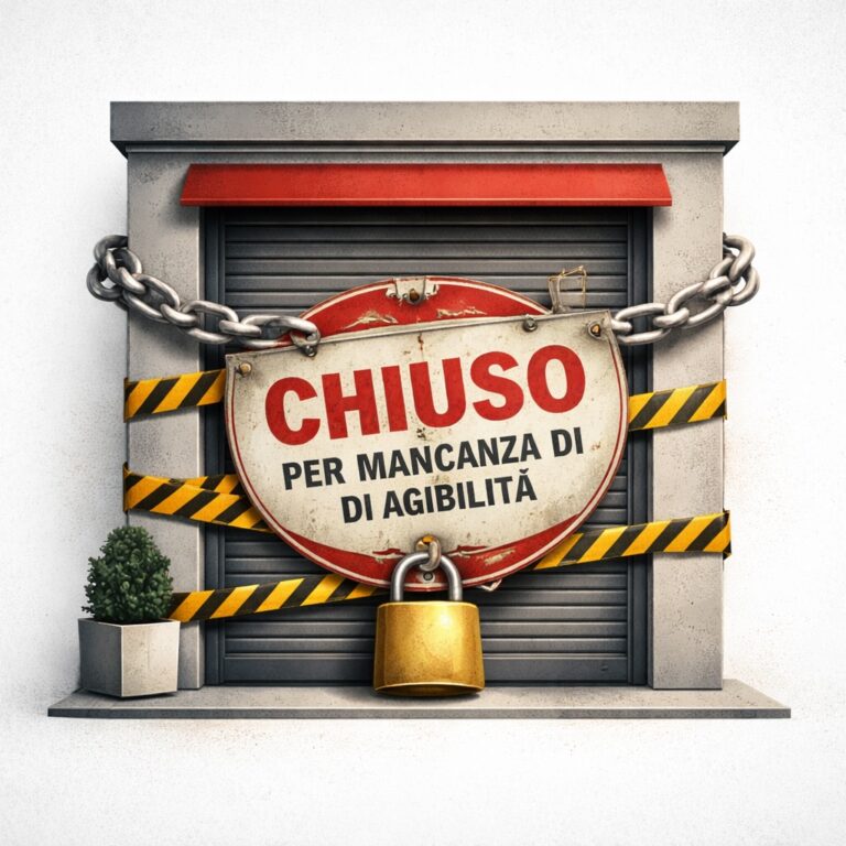 Locale commerciale chiuso per mancanza di agibilità con sigilli, catene e cartello di chiusura